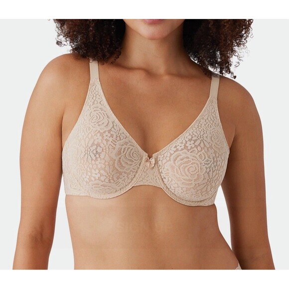 Wacoal Halo Lace Bra Size 38DD Beige Tan Underwire Unlined Floral J-Hook 851205 - Picture 1 of 9